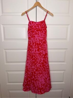 Satin Slip Midi Dress in Red and Pink Abstract Print